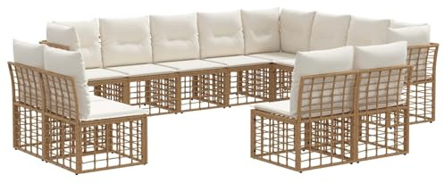 vidaXL Outdoor-Sofagarnitur Natürlich und Cremweiß Polyester, Verstellbare Fußpolster, modernes Outdoor-Sofa-Set, wetterfeste Sitzgruppe aus Rattan für den Garten