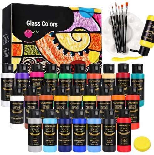 Peinture pour Verre 26x30ml – Kit de Peinture sur Verre et Céramique, Résistant au Lave-Vaisselle, Non Toxique & Protection UV, avec 6 Pinceaux et Palette, Idéal pour Verres à Vin, Bouteilles, Vitraux