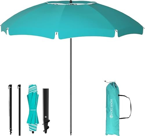 HOMEDEMO Parasol de plage pliable, parasol de jardin extérieur, UV50+, Ombrelle réglable en hauteur et inclinaison, Avec ancre de plage, Pour plage, balcon & terrasse, 180cm, turquoise