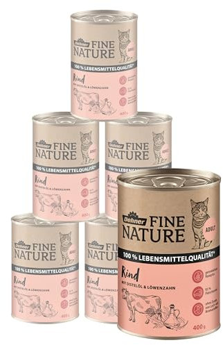 Dehner Fine Nature Katzenfutter, Nassfutter getreidefrei, für ausgewachsene Katzen, Rind, 6 x 400 g Dose (2.4 kg)