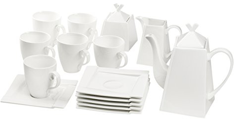 AMBITION Kaffeeservice Kaffee Set Porzellan Eckig Weiß Tassen Untertasse Zuckerdose Kaffekanne Milchkrug Kubiko 17 TLG.