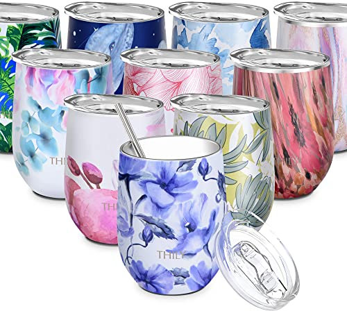 THILY Stainless Steel Insulated Wine Tumbler Stemless Wine Glass with Sliding Lid and Straw, Cute Travel Cup Keep Coffee and Cocktails Cold, Iridaceae