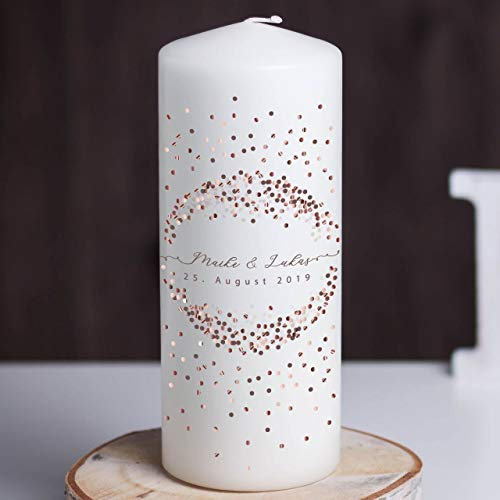 Hochzeitideal - Hochzeitskerze mit Namen und Datum Copper Dots Creme - 30x8cm - Elegante Hochzeit Kerze - Einzigartige Traukerze - Personalisierte Kerzen - Kerze mit Gravur
