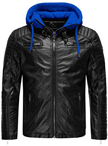 Robuste Lederjacke Kunstleder Bikerjacke mit abnehmbarer Kapuze Schwarz-Blau S
