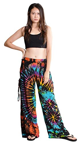 Orient Trail Damen Tie Dye Palazzo Yoga Batikhose mit weitem Bein - Schwarz - Klien