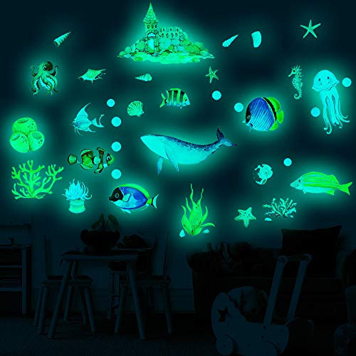 panthem 4pcs Leuchtsticker Wandtattoo Unterwasser Ozeanwelt Fisch Hai Fluoreszierend Wandsticker Wandaufkleber DIY Wohnzimmer Deko Für Kinderzimmer Baby Kinder Jungen Mädchen Schlafzimmer