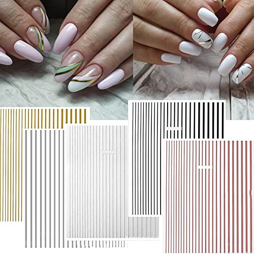 Stickers 3D or rose à lignes courbes, lettres et rubans en métal pour vernis à ongles, décoration manucure, autocollants argent/blanc/noir/métal, adhésifs multicolores 5pcs