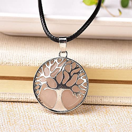 1PC Simple Natural Crystal Tree of Life Pendant Crystal Quartz Colourful Mineral Jewelry for Men Women Necklace DIY Gift-Rose Quartz