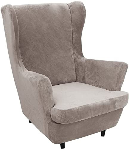LINFKY 2 Stück Stretch Samt Ohrensessel Bezug Sesselbezug Ultra Weicher Ohrensessel Überzug (Basisbezug Plus Sitzkissenbezug) Möbelbezüge für Ohrensessel (Taupe)