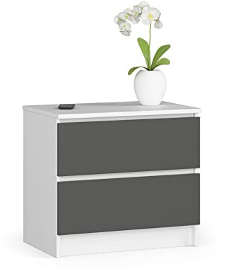 ADGO K60 2SZ CLP Kommode mit 2 Schubladen 60x55x40cm, Schrank für Kleidung, Nachttisch, Kleine, Klassischer Schrank mit Regalen, Tief Freistehend Platzsparend, Neben das Bett Stellen (Weiß/Grau)