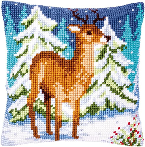 VERVACO Kreuzstich Stickpackungen Kissen Stickerei Set Anfänger Vorgedruckt Hirsch im Winter DIY Set Kreativ Set Für Erwachsene Dekoratives Kissen ca. 40 x 40 cm Bastelset Handwerker Haus Dekoration