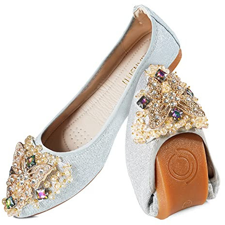 MACHSWON Womens Folding Pumps Roll up Wedding Dress Shoes Foldable Bling Ballet Flats with Beautiful Rhinestone Portable Ladies Slip On Loafers(Silver-1, Size 7)