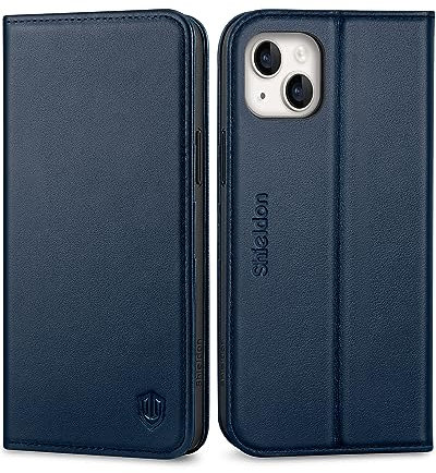 SHIELDON Custodia per iPhone 14 Plus 5G, Cover Vera Pelle Portafoglio [Blocco RFID] [Slot Schede] Cover Cavalletto Flip Caso Magnetico Compatibile con iPhone 14 Plus (6,7 pollici, 2022), Blu Navy