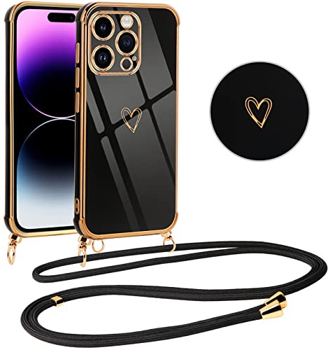 Vauki handyband für iPhone 14 Pro Max Hülle mit Band, Handyhülle Silikon Schwarz mit Herz Motiv, Ultra Dünn Stoßfeste Aesthetic Case mit Kordel zum Umhängen für iPhone 14Pro Max 6.7