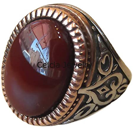 Karneol echter roter Edelstein ovaler Ring, massiv 925 Sterling Silber Schmuck im arabischen Stil, Siegelring, Ring, westlicher Ring, keltischer Ring (Karneol)