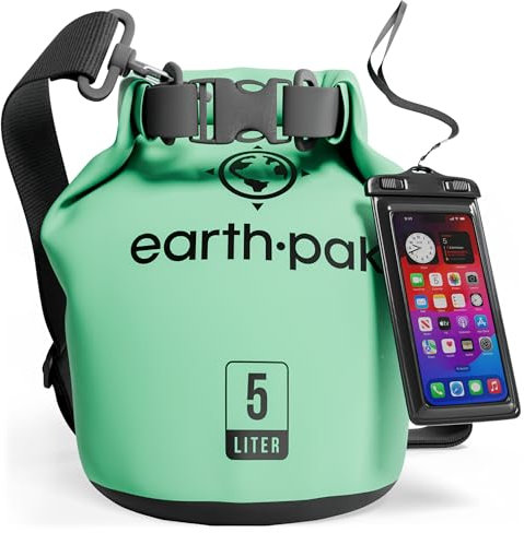 Earth Pak Sac étanche avec Poche - pour Kayak, Bateau Excursion, Canoë, Pêche, Rafting, Natation, et Snowboard (Vert écume, 5L)