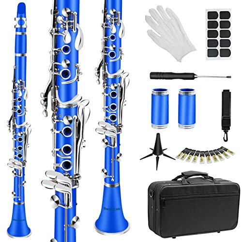 Soulmate Bb Flat 17 Nickel Keys Anfänger Student Klarinette mit 2 Fässern und Klarinette Reinigungsset, Blau
