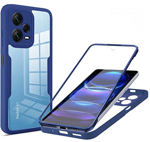 PEIYE Cover per Xiaomi Redmi Note 12 PRO+ 5G (Plus), [ Pellicola Protettiva Integrata ], Trasparente 360 Gradi Custodia con TPU Silicone Bumper e PC Retro -Blu