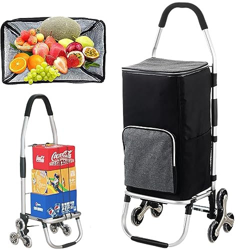 Einkaufstrolley mit Kühlfach und Sackkarren-Funktion - Faltbarer Einkaufswagen mit Treppensteiger - abnehmbare Tasche - Klappbar - Max. Belastbarkeit 35 kg (Black)