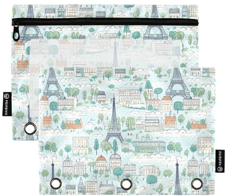 Cartoon Paris Federmäppchen für 3-Ring-Ordner, Reißverschluss-Bleistifttasche mit transparentem Fenster für Büro, 2 Stück, Mehrfarbig, one sizex2, Federmäppchen