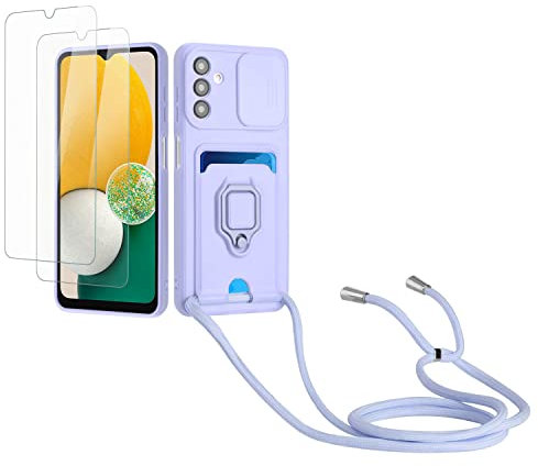 Kaslly Cordon de Coque Compatible avec Samsung Galaxy A55+[2 Pièces Verre Trempé],Couvercle Coulissant de la Caméra+Support Annulaire à 360 Degrés,Fentes pour Cartes Silicone Case-Violet