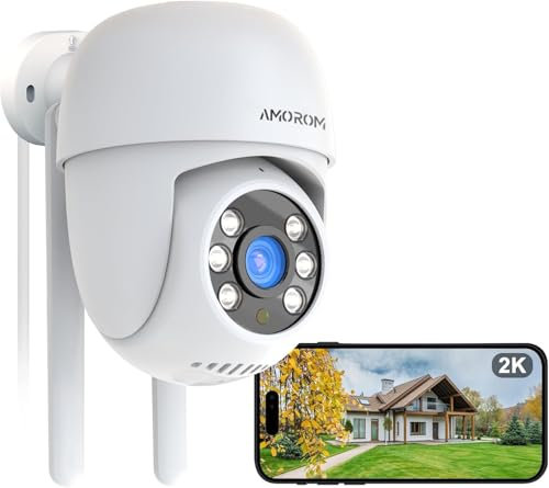 AMOROM AI Outdoor Security Wifi Camera with Custom Alerts(Reduce False Alarms), 2K Color Night Vision, Alarm Siren, Spotlight, Motion Detection, IP65 Waterproof, Works with Alexa, 2.4GHz Wifi