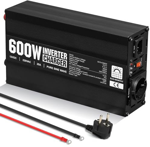 ECO-WORTHY 600W Wechselrichter Ladegerät 12V auf 220V, Reiner Sinus Wechselrichter und 25A LifePO4 Batterie ladegerät 2-in-1 für Wohnmobile, Anhänger, Wohnmobile, Häuser und Boote