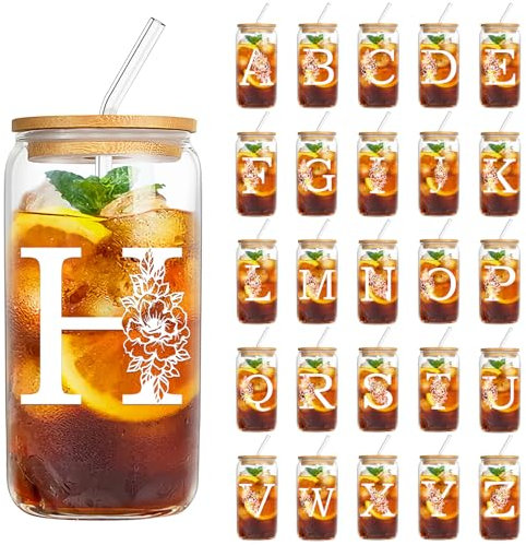 YiYa 550Ml Bicchiere Con Coperchio E Cannuccia Vetro Con Coperchio e Paglia Tazza di Vetro Iniziale Regali Personalizzati di Compleanno e Natale Per Sorelle Maschili Femminili, Zie e Amici (H)