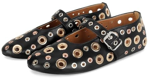 MICIFA Ballerinas für Damen mit Schnalle Riemen Mesh Perforiert Metall Nieten Mary Jane Bequeme Ballerina Flache Schuhe Metallic, Schwarz, 42 EU
