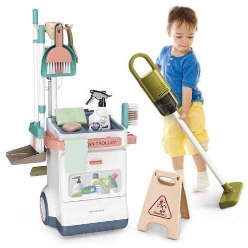 JONRRYIN Set di Pulizia per Bambini, Carrello Con Scopa e Aspirapolvere Giocattolo Con Funzione di Aspirazione per 3-5 Anni (Bianco)