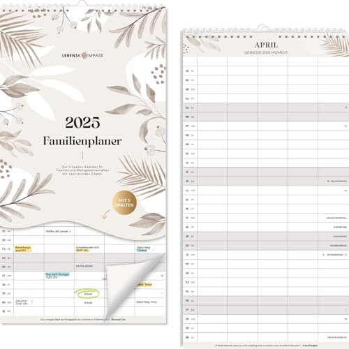 Lebenskompass Familienplaner 2025 Wandkalender – 22x42 cm Familienkalender 2025 5 Spalten mit Monatsübersicht – Achtsamer Wandkalender 2025 zum Aufhängen