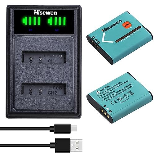 Hisewen Li-90B Li-92B DB-110 Battery (2 Pack) and Charger for Olympus Tough TG-7, TG-6, TG-5, TG-Tracker, SP-100 IHS, Tough TG-1 iHS, TG-2 iHS, TG-3, TG-4, SH50 iHS, SH60, for Ricoh GR III, GR IIIx
