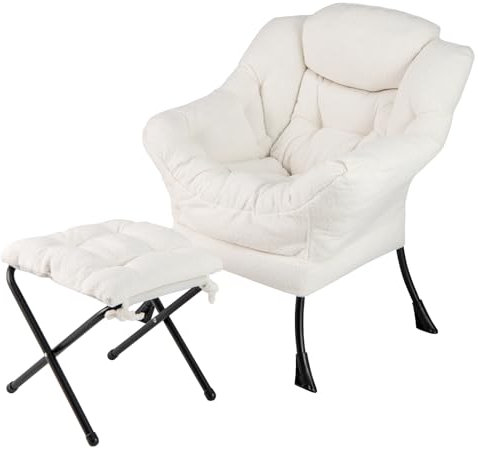 COSTWAY Sessel mit Hocker, Relaxsessel mit Armlehnen, Seitentasche & Fußstütze, Loungesessel, Fernsehsessel, gepolsterter Ohrensessel für Wohnzimmer, Schlafzimmer, Büro (Beige)