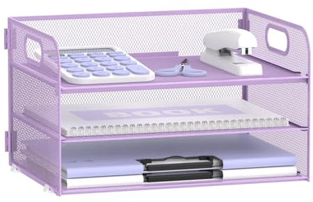 Restorgan 3 Tier Paper Organiser with Handle, Mesh Desk Organiser Letter Tray, Paper Tray Organizer File Organiser for A4 File Folder, Purple