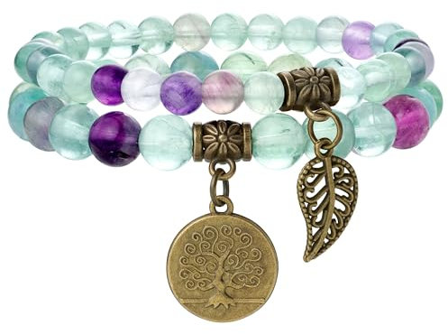 Farfume Chakra Armbänder für Frauen - Kristalle Armband Frauen natürliche Edelsteine Yoga Reiki- Ein Satz von Doppel-Armbänder(Regenbogen Fluorit & Lebensbaum(Mittel)