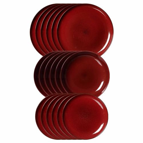 Ritzenhoff & Breker Gambia Teller-Set 18-teilig, Kombiservice mit Farbverläufen, Je 6x Speise- / Suppen- und Dessertteller, Skandinavisches Design mit Reaktivglasur, Steinzeug, Rot
