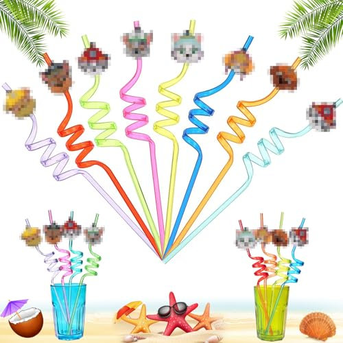 Paille Plastique pour Enfant, 8 Pièces Pailles pour Fêtes à Thème, Cartoon Pailles Spirales, Pailles Réutilisables Colorées, pour Fêtes Anniversaire Enfants Thème des Jeux de Dessins Animés (M3)