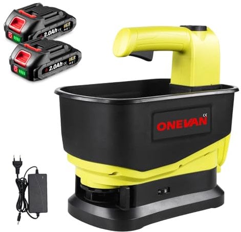 ONEVAN Spargitore elettrico a batteria, 5,5 l, senza fili, con 2 batterie da 2,0 Ah, angolo di dispersione di 140°, regolazione della quantità a 6 marce, spargitore a mano per semi, fertilizzante per