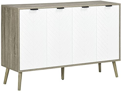 HOMCOM Buffet Bas, Meuble de Rangement, étagères réglables, 2 placards, 4 Portes Motif Chevrons, pour Cuisine, Salle à Manger, Salon, 120 x 35 x 77,4 cm, Blanc et Gris