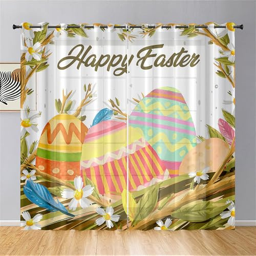 Mateju 3D Ostern Vorhänge Wohnzimmer, Vorhänge Mit Ösen 2er Set Gardinen Weiß Küchengardinen Modern, Tüll Gardine Dekorativ Schlafzimmer Kinderzimmer (Ostern jagen,107 x 160 cm)