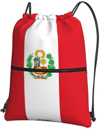LLKGOT Rucksack mit Peru-Flagge, Kordelzug, Reißverschluss, stark und leicht, für Wandern, Camping, Schwarz, Einheitsgröße