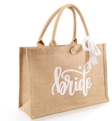 Joycabin Jute Tragetasche Hochzeit Braut Tasch mit Schriftzug Bride und Weiß Schleifenband,Jute Bride Kosmetiktasche Braut Geschenk JGA Accessoires für Junggesellenabschied Hochzeit Brautdusche Strand