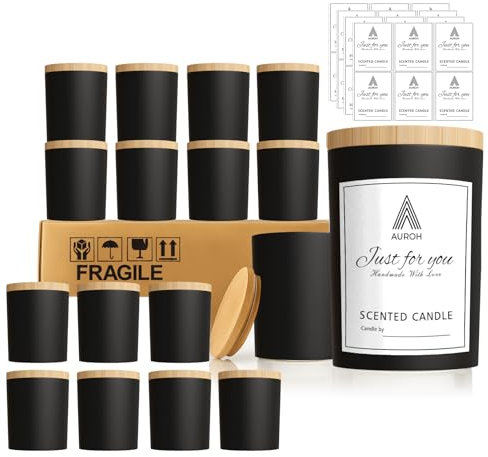 Auroh 15 Pack Glass Candle Jars with Bamboo Lids - 7 OZ Black Candle Containers for Candle making - Ideal candle making supplies for professionals as well as hobbyists