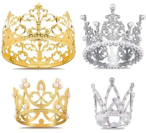 Kabwea 4 Piece Gold and Silver Crown Cake Toppers, Queen Princess Cake Decorations for Birthdays, Weddings and Parties, Gold Crown, Little Crown