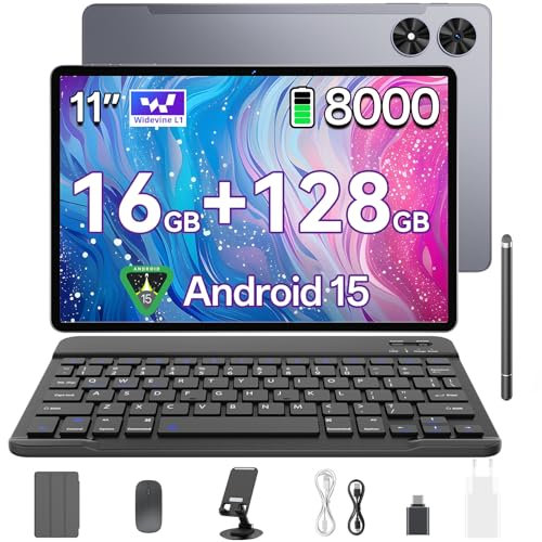SVITOO Tablette 11 Pouces, Android 15 avec Clavier, Stylet, Souris et Housse - 16 Go RAM + 128 Go ROM - T606 Octa-Core - Écran HD 1280 x 800-8000 mAh - Widevine L1-13MP+5MP - WiFi 2,4G/5G - GPS