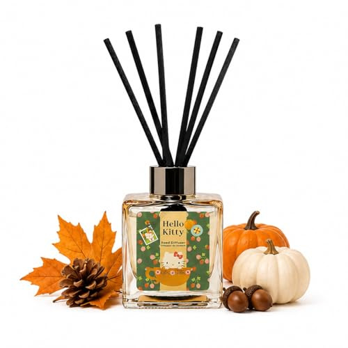 Hello Kitty Pumpkin Spiced Latte Reed Diffuser – Autumn Home Fragrance Set with Cozy Scent, Decorative Glass Bottle with 6 Reeds, 100ml Aroma Oil, Long-Lasting
