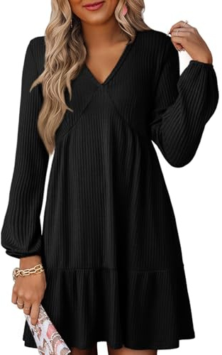 Dokotoo Women's Long Sleeve Dresses Casual V-Neck Dress for Women Fashion Elegant Empire Waist A Line Swing Womens Outfits Ribbed Knitted Elastic Autumn Ladies Pullover Minidress S-XXL