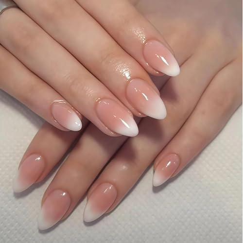 Zosutetoxo 28 pièces ongles à presser forme amande courte dégradé rose blanc autocollant faux ongles 15 tailles ensemble design