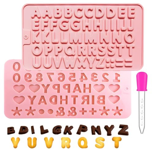 Rosa Buchstaben Silikonform Set 2 Stück mit 5ml Dosierpipette | Buchstaben & Zahlen Silikonformen Backen Set mit Pipetten, Gießformen Buchstaben Silikon Schokoladenform