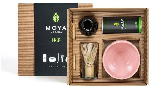 Moya Matcha Set - Organic Japanese Green Tea Powder 30g, Traditional Grade - Complete Kit with Rose Ceramic Bowl, Bamboo Whisk (Chasen), Whisk Holder & Scoop - Matcha Starter & Gift Set
